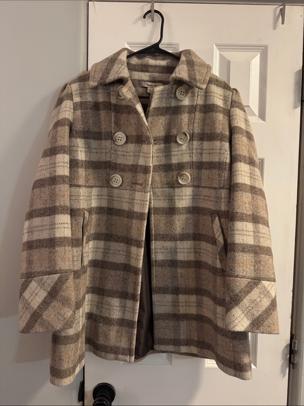 American Rag Cream & Brown Wool Blend Plaid Peacoat